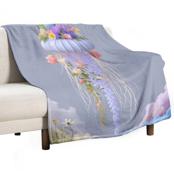 Floating Floral Jellyfish in Sky Throw Blanket Warm Microfiber Flannel Bedroom Decor Blankets For Beds
