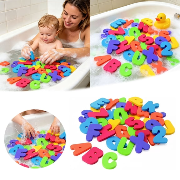 Floating Foam Bath Letters & Numbers Educational ABC Bathtub Stickers with Storage Net Multicolor Water Play Accessory