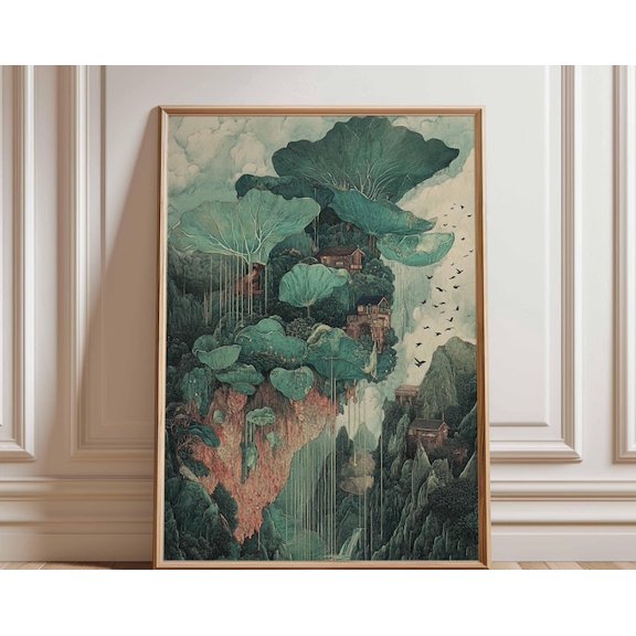 Floating Forest Village Wall Art Print, Unframed Paper Poster 8x10in