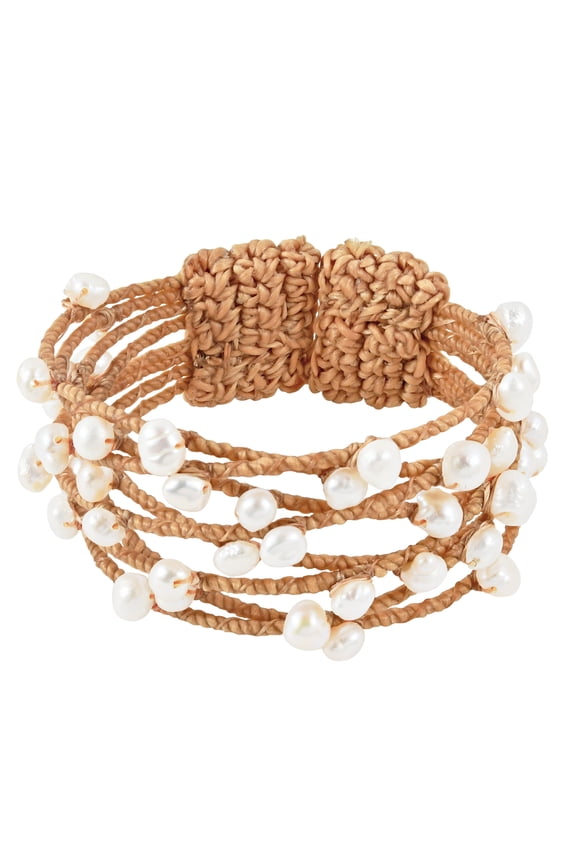 Floating Freshwater White Pearls Light Brown Cotton Rope Adjustable Cuff for Female Adult