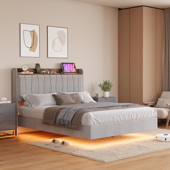 Memoryfield Floating Full Bed Frame with LED Lights, Modern Upholstered Platform Bed with Headboard & USB Charging Station, No Box Spring, Easy Assembly, Gray