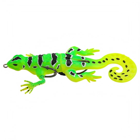 Floating Gecko Soft Fishing Lure, Lifelike Lizard Creature Bait with Curly Tail and Hooks for Bass and Pike, Green Stripe, 5.31 Inch