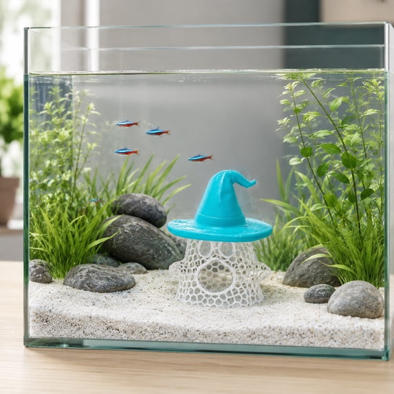Floating Ghost Aquarium Hideout, Halloween Witch Hat Fish Tank Shelter Ornament, Hollow Mesh Breeding Cave for Betta Shrimp Small Fish, Safe Adjustable Decor for Halloween Tank