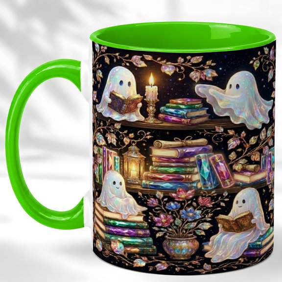 Floating Ghost Coffee Mug, Book Lover Mug, Ceramic 11 oz