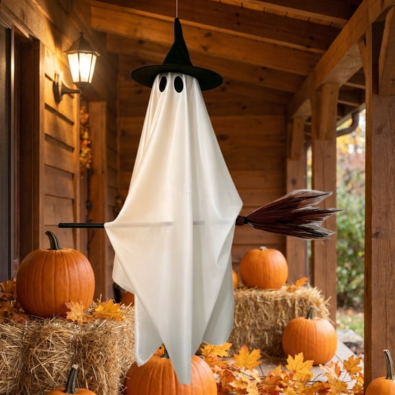 Floating Ghost Decor with Flying Broom and Hat, White Fabric Hanging Witch Ornament, Multi-Scenario Halloween Holiday Decorations for Front Porch, Yard, Indoor and Outdoor Party Use