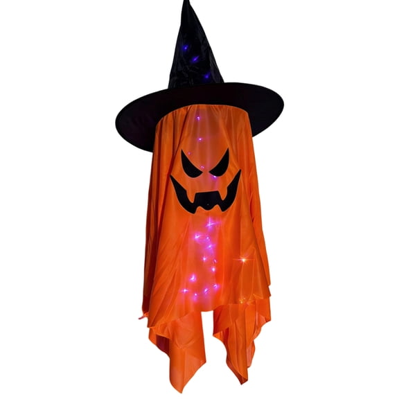Floating Ghost Witch Hat Halloween Hanging Decor, Battery Powered LED Glow Fabric Ghost Ornament, Spooky Scary Ghost Pendant for Yard Porch Window Tree Halloween Party Decorations (Orange)