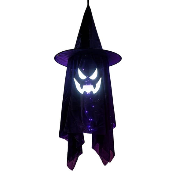 Floating Ghost Witch Hat Halloween Hanging Decor, Battery Powered LED Glow Fabric Ghost Ornament, Spooky Scary Ghost Pendant for Yard Porch Window Tree Halloween Party Decorations (Black)