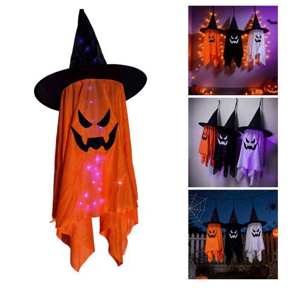 Floating Ghost Witch Hat Halloween Hanging Decor, Battery Powered LED Glow Fabric Ghost Ornament, Spooky Scary Ghost Pendant for Yard Porch Window Tree Halloween Party Decorations - (Orange)