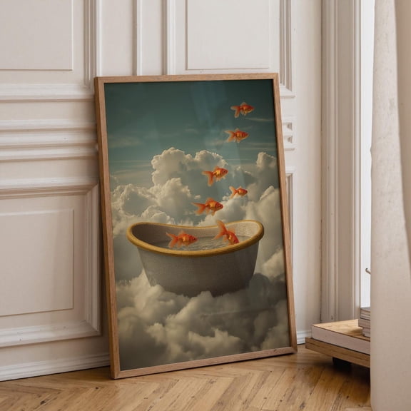 Floating Goldfish Bathtub Wall Art, Surreal Cloudscape, Dreamy Fantasy Bathroom Decor Poster Unframed Paper Print