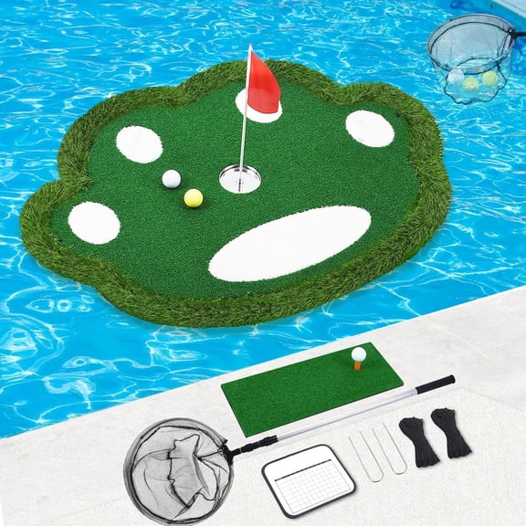 Floating Golf Green for Pool, Patented Pool Golf Game Floating Mat with Ball Retrieve Net/Scoreboard for Party & Training
