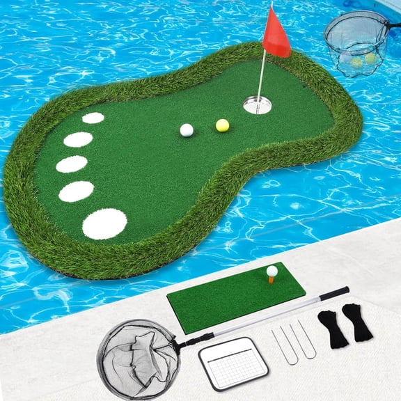 Floating Golf Green for Pool, Patented Pool Golf Game Floating Mat with Ball Retrieve Net/Scoreboard for Party & Training
