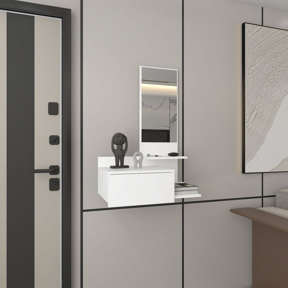 Floating Hallway Cabinet 36.2" H, 1 Drawer, 3 Shelves, 1 Mirror, White