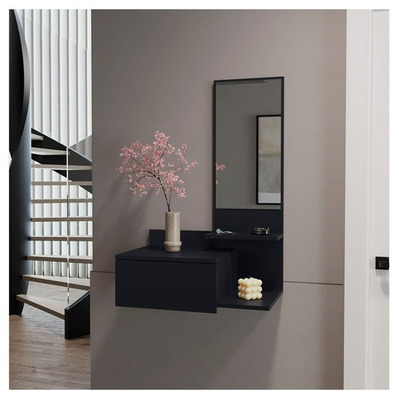 Floating Hallway Cabinet Lowell - Black Entryway Cabinet with Mirror & Drawer - Modern Living Room Storage
