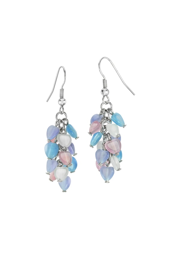 Pastel Heart Cluster Drop Earrings - Tiger Eye Dangle Earrings in Pink, Blue and White Jewelry Necklace Earring Silver