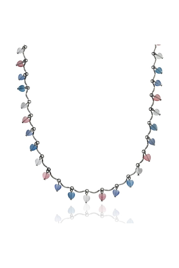 Multi-Color Heart Charm Long Necklace with Tiger Eye Stones - 38 inch with Extender Jewelry Necklace