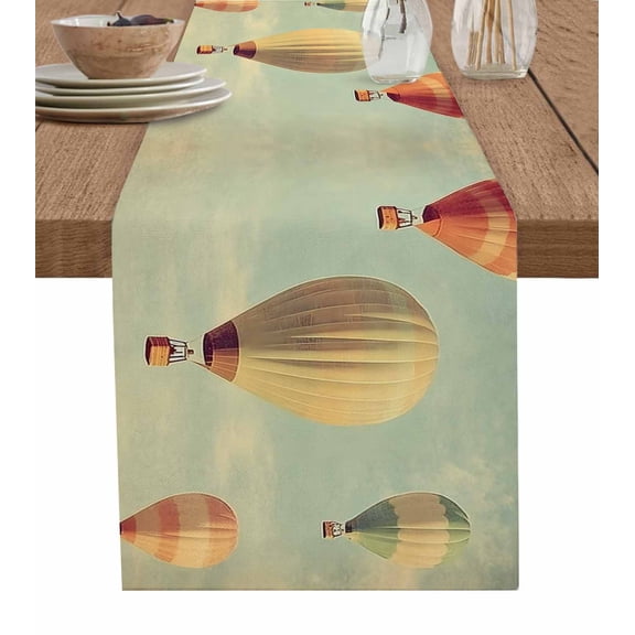Floating Hot Air Balloon Burlap Cotton Table Runner 14x72 Inches Long, Modern Vintage Balloon Farmhouse Table Runners, Outdoor Dining Tablecloths Decor for Baby Shower/Party/Wedding
