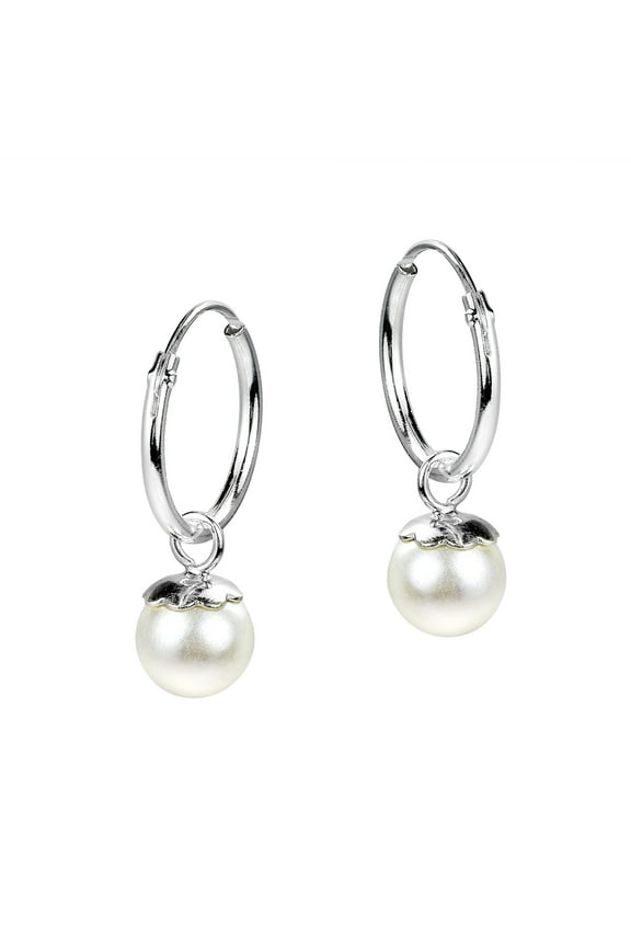 Floating Iridescence Faux White Pearls on Sterling Silver Hoop Earrings