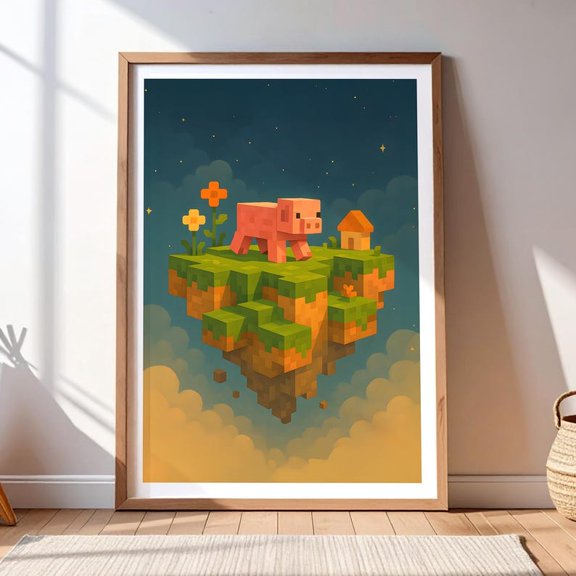 Floating Island Pig Pixel Art Poster Print 8x12 UNFRAMED