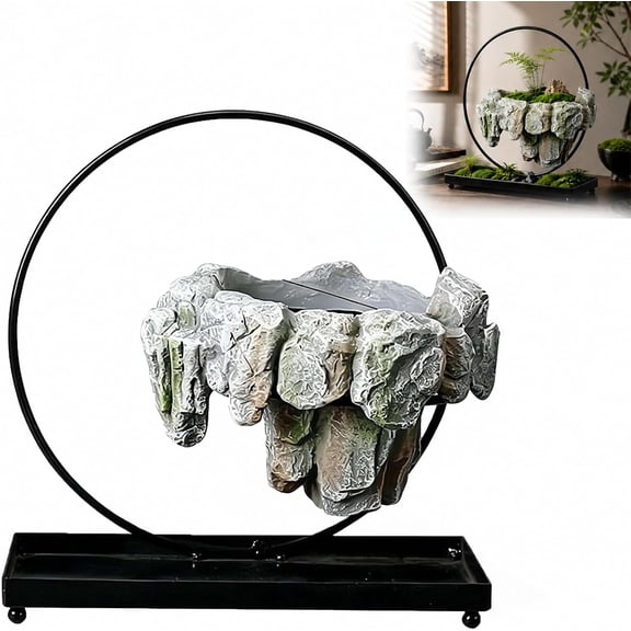 Floating Island Planter – Stone Resin Faux Rock Pot, Detachable Bonsai/Micro Landscape Container for Moss, Succulent & Cactus, Home Decor Rockery Display (Light Gray)