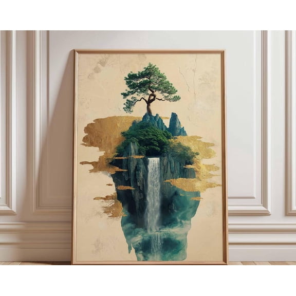 Floating Island Waterfall Green Gold Wall Art Print, Unframed Paper Poster 8x10in