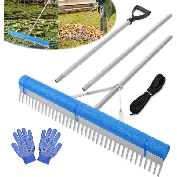Floating Lake Rake, Leaf Collector for Gardening,Aluminum Landscape Rake with Adjustable Handle, Weed Algae Removal, Multifunctional Detachable Aquatic Weed Rakes