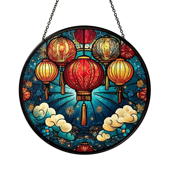Floating Lantern Night Sky Stained Glass Style Suncatcher Window Hanging, Decorative Lantern Star Cloud Window Panel, Fantasy Sky Glass Style Art Decor, Elegant Window Ornament