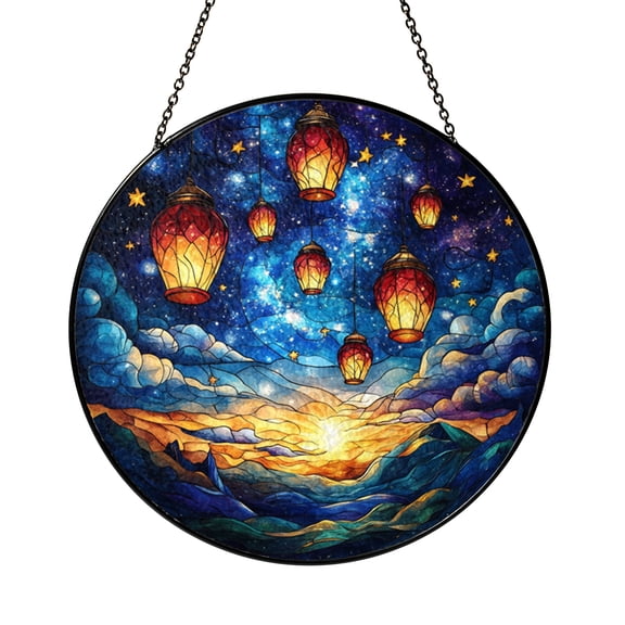 Floating Lantern Starry Sky Stained Glass Suncatcher Window Hanging Decor, Night Sky Cloud Landscape Decorative Glass Style Window Panel, Fantasy Inspired Art Ornament for Home Window Decoration