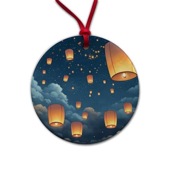 Floating Lanterns In Sky Christmas Tree Holiday Round Ceramic Ornament
