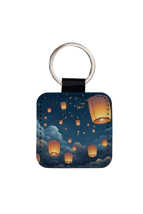 Floating Lanterns In Sky Faux Leather Square Keychain