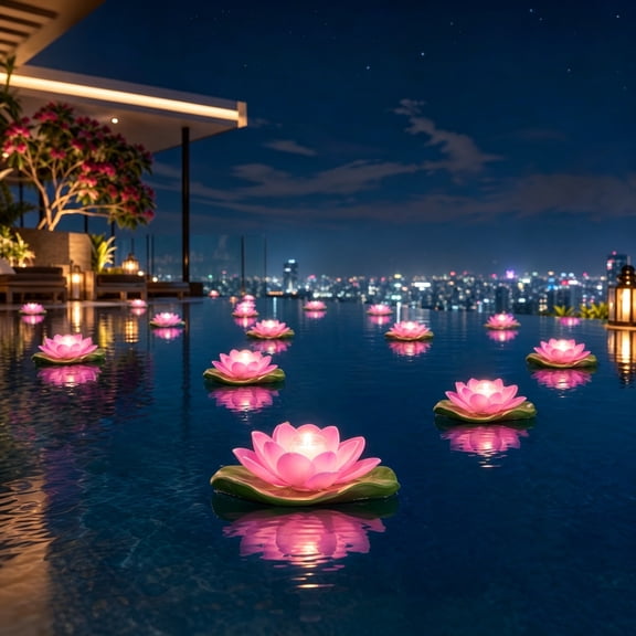 Floating Lotus Flower Pool Lights, Reusable Waterproof LED Water Lanterns, Outdoor Floating Lily Pad Lights for Swimming Pool Pond Garden Wedding Party Decor