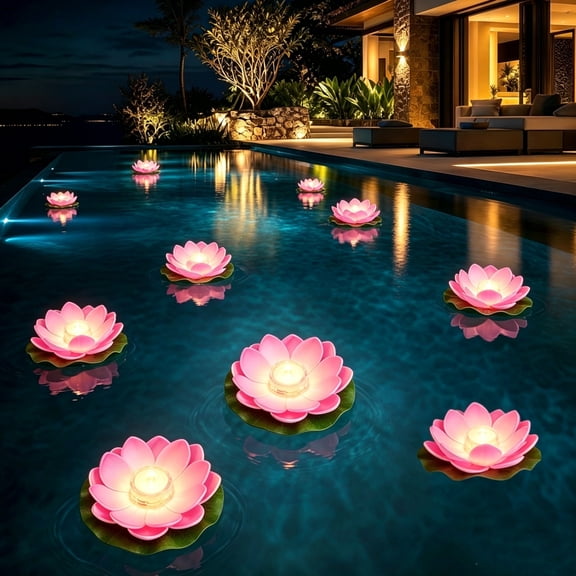 Floating Lotus Flower Pool Lights Waterproof LED Lily Pad Lanterns Reusable Floating Pond Lights for Swimming Pool Garden Wedding Party Decor