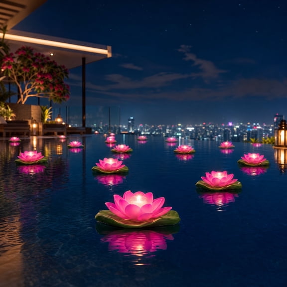 Floating Lotus Flower Pool Lights, Waterproof LED Water Lanterns for Pond and Garden, Reusable Lily Pad Lights for Wedding Party Decor, Soft Warm Glow Outdoor Water Feature Accessory, Watermelon Red