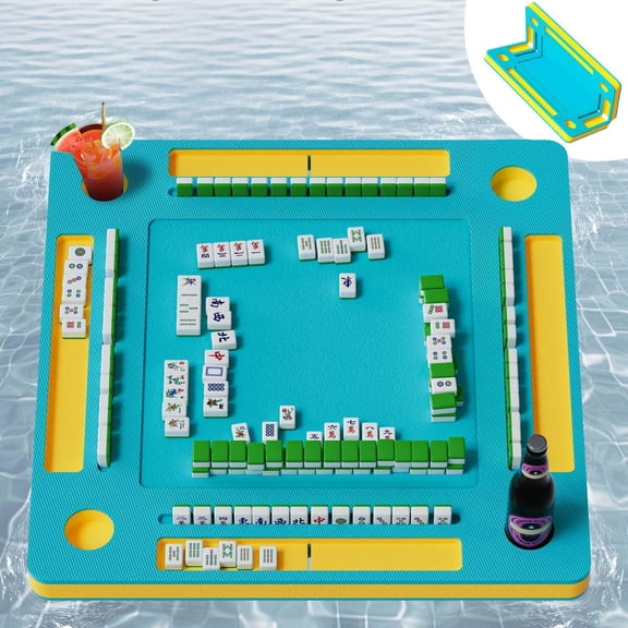 Floating Mahjong Table for Pool - 33.5in Foldable Water Game Table for Card Games & Tile Games - Portable Swimming Pool and Hot Tub Float Board Game Tray for Adults, Domino Floater Table (Blue)