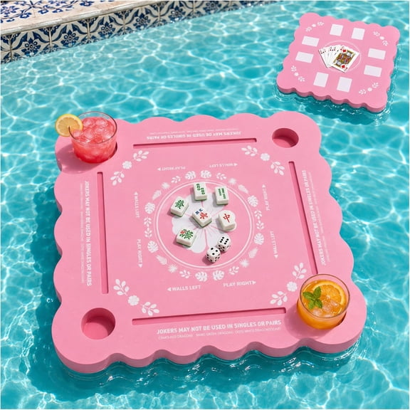 Floating Mahjong Table for Pool, Pink Hawaiian Pool Mat with Wavy Edge, Waterproof Double-Sided Game Board for Pool Parties, 31.5" EVA Floating Pool Table