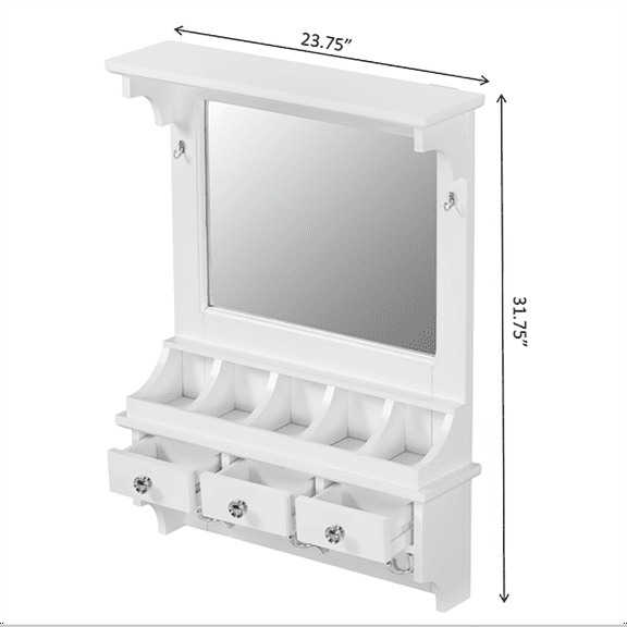 Floating Makeup Vanity with Big Mirror, Wall-Mounted Storage Vanity with Drawers, Pockets & Hooks, Space-Saving Decorative Home Organizer for Small Space, White RR