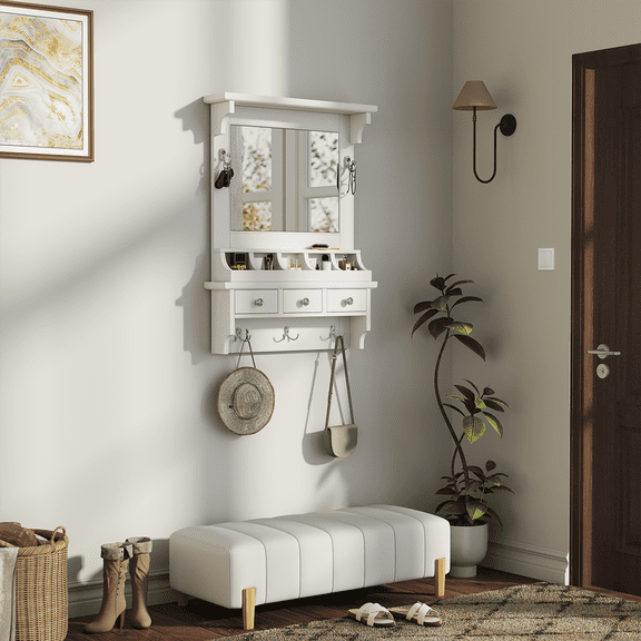 Floating Makeup Vanity with Big Mirror, Wall-Mounted Storage Vanity with Drawers, Pockets & Hooks, Space-Saving Decorative Home Organizer for Small Space, White