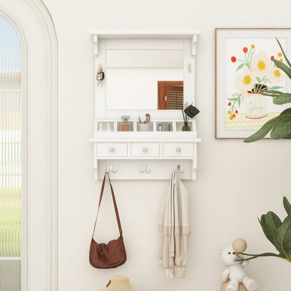 Floating Makeup Vanity with Big Mirror, Wall-Mounted Storage Vanity with Drawers, Pockets & Hooks, Space-Saving Decorative Home Organizer for Small Space, White