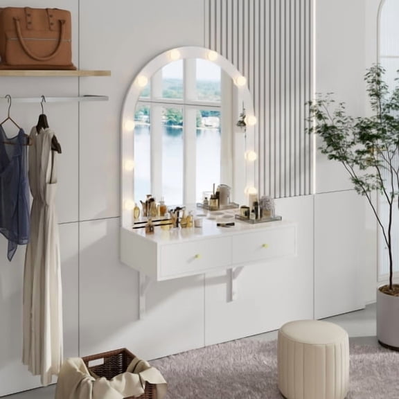 Floating Makeup Vanity Desk with Mirror & 3-Color Lights, Wall Dressing Table with Power Outlet, Compact vanity, Large Storage, White