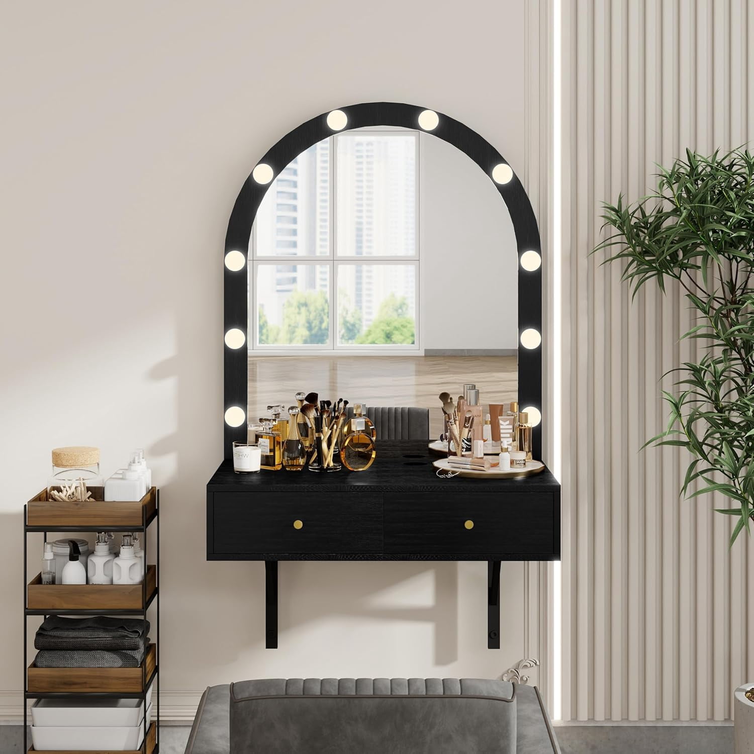 Floating Makeup Vanity with Mirror and Lights, Wall-Mounted Black ...
