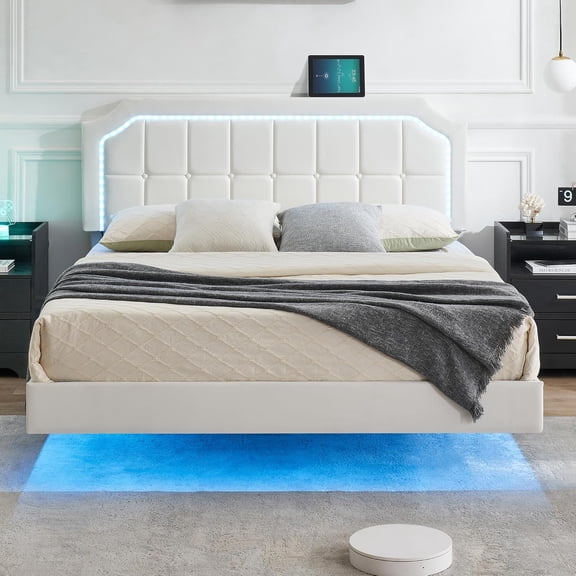 Floating Metal Bed Frame Queen Size with RGB Led Lights, Upholstered Platform Queen Bed with Adjustable Headboard, Button Tafted Headboard No Box Spring Needed