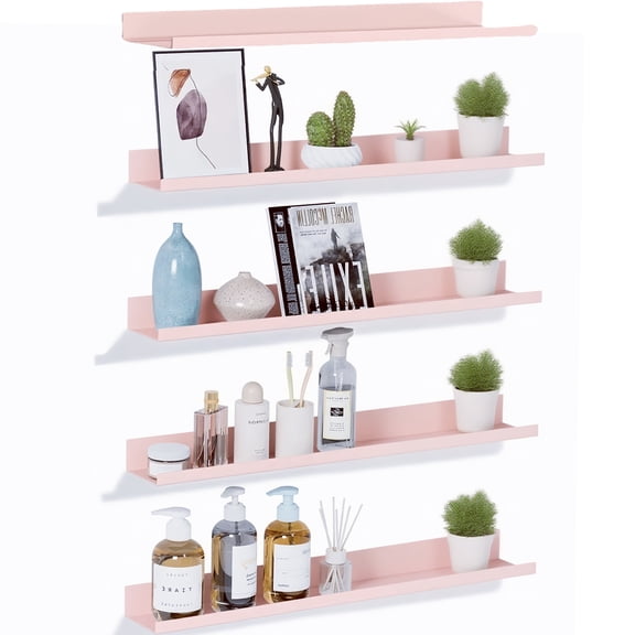 Floating Metal Wall Shelves Picture Ledge W/Lip, Set of 5 Heavy Duty Modern Farmhouse Rustic Designed Shelf (15in Pink)