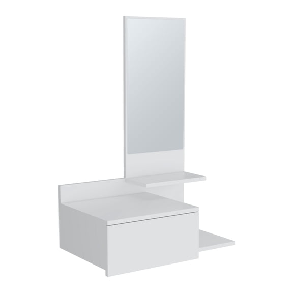 Floating Mirror Console Table with Drawer - White Particle Board, Compact 3-Tier Shelf for Entryway or Bedroom, Space Saving Cabinet