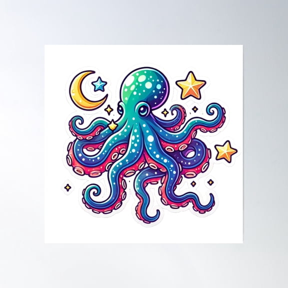 Floating Moon Octopus Cosmic Sticker Poster Wall Art, Modern Wall Decor, 16x16 UNFRAMED