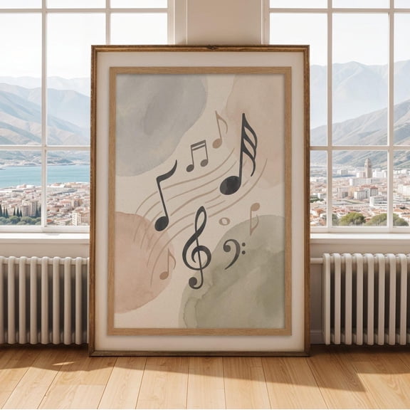 Floating Music Notes Poster, Modern Wash, Light Blue And Cream, Music Room, Studio And Home Decor