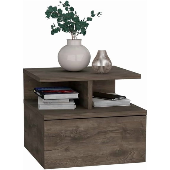 Floating Night Stand - Wall Mount Nightstand with Single Drawer and 2-Tier Shelf, Floating Bedside Table with Wall-Mounting Design and Top Storage, Floating Side Table for Bedroom (Dark Walnut)