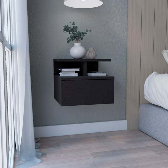 Floating Nightstand 12"H, Wall Mounted with Single Drawer and 2-Tier Shelf, Concrete Gray