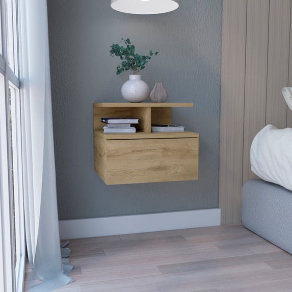 Floating Nightstand 12"H, Wall Mounted with Single Drawer and 2-Tier Shelf, Macadamia