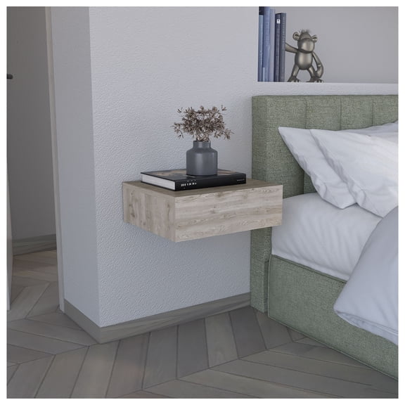 Floating Nightstand 5"H, Modern Wall Mounted Bedside Shelf with Drawer - Light Gray - Space Saving Bedroom Furniture - Compact Wall Shelves for Bedroom Light Gray + Particle Board + Pine