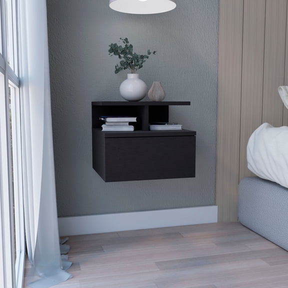 Floating Nightstand, Black Particle Board Wall Mounted Bedside Table with Single Sliding Drawer and 2-Tier Open Shelf, 35.6 x 33.6 x 29.5 cm, Modern Minimalist Design for Bedrooms