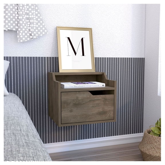 Floating Nightstand - Busan Modern End Table with Drawer & Shelf - Dark Brown Bedroom Side Table - Wall Mounted Nightstand with Storage
